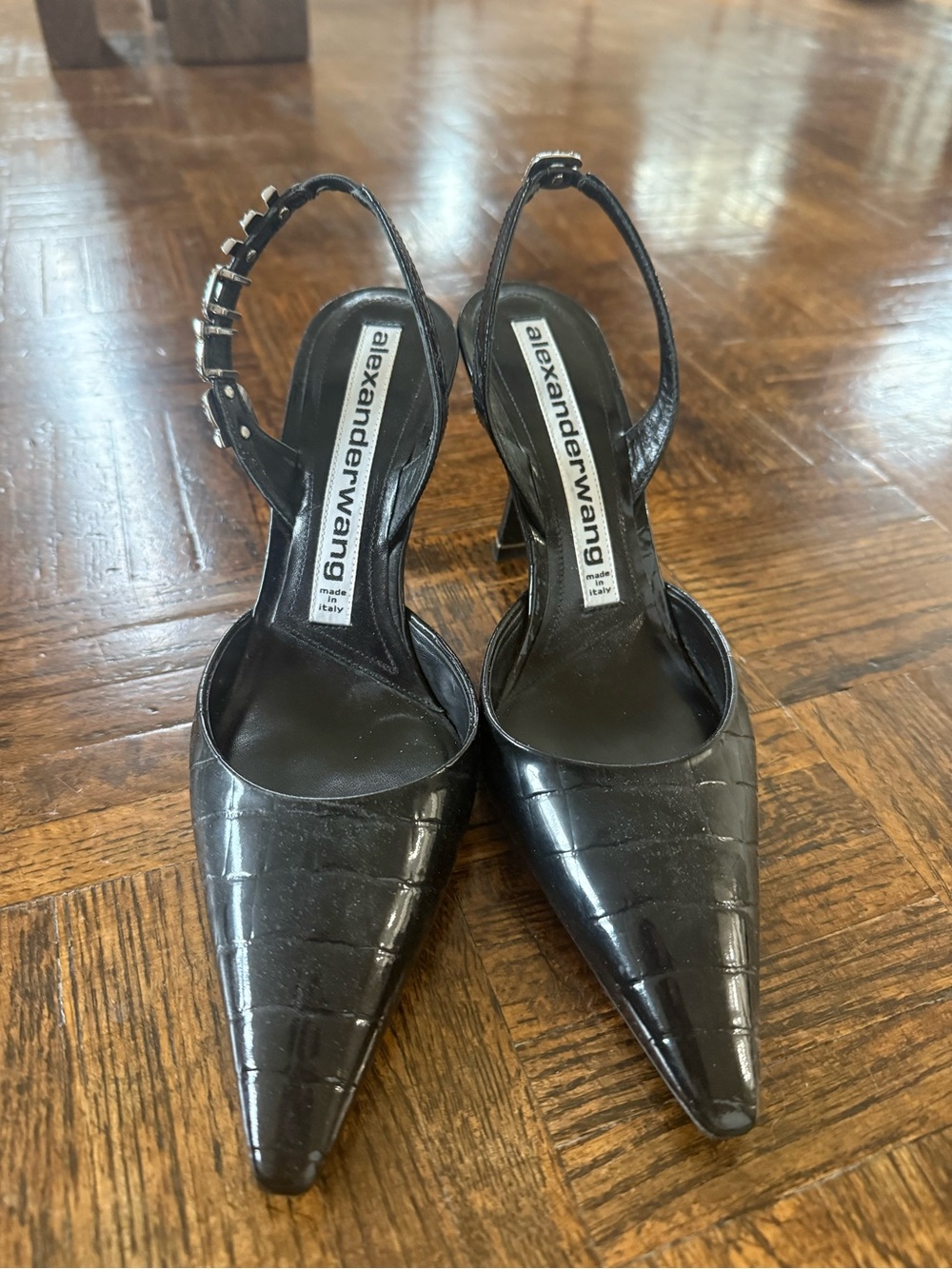 Alexander Wang Black Patent Croc-Embossed Slingback Heels with Crystal Strap - Picture 3 of 7